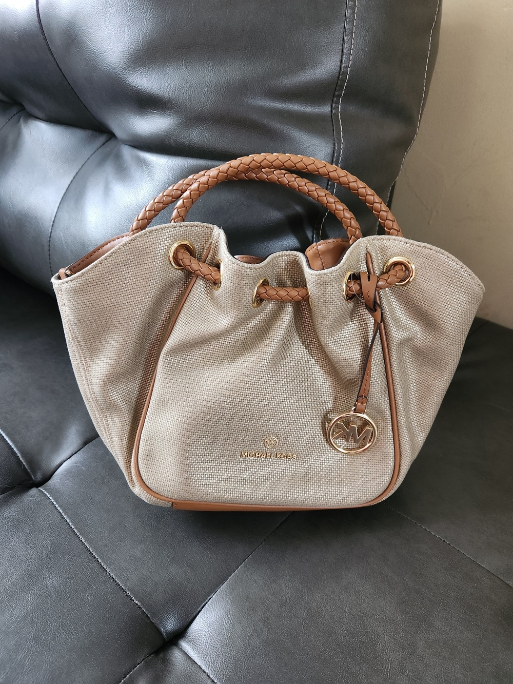 Michael Kors Beige Canvas & Tan Leather Drawstring Tote